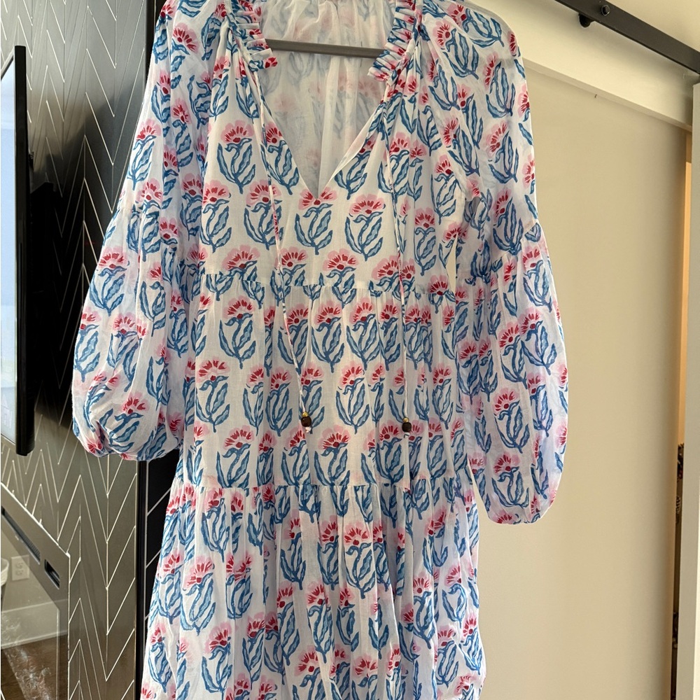 Oliphant Floral Blue and Pink Balloon sleeve short dress